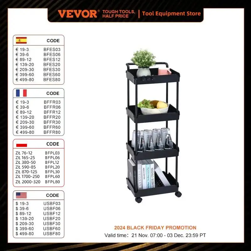 VEVOR 3/4-Tier Rolling Utility Cart with Handle Lockable Wheels Storage Trolley for Living Room Kitchen Movable Basket Shelves