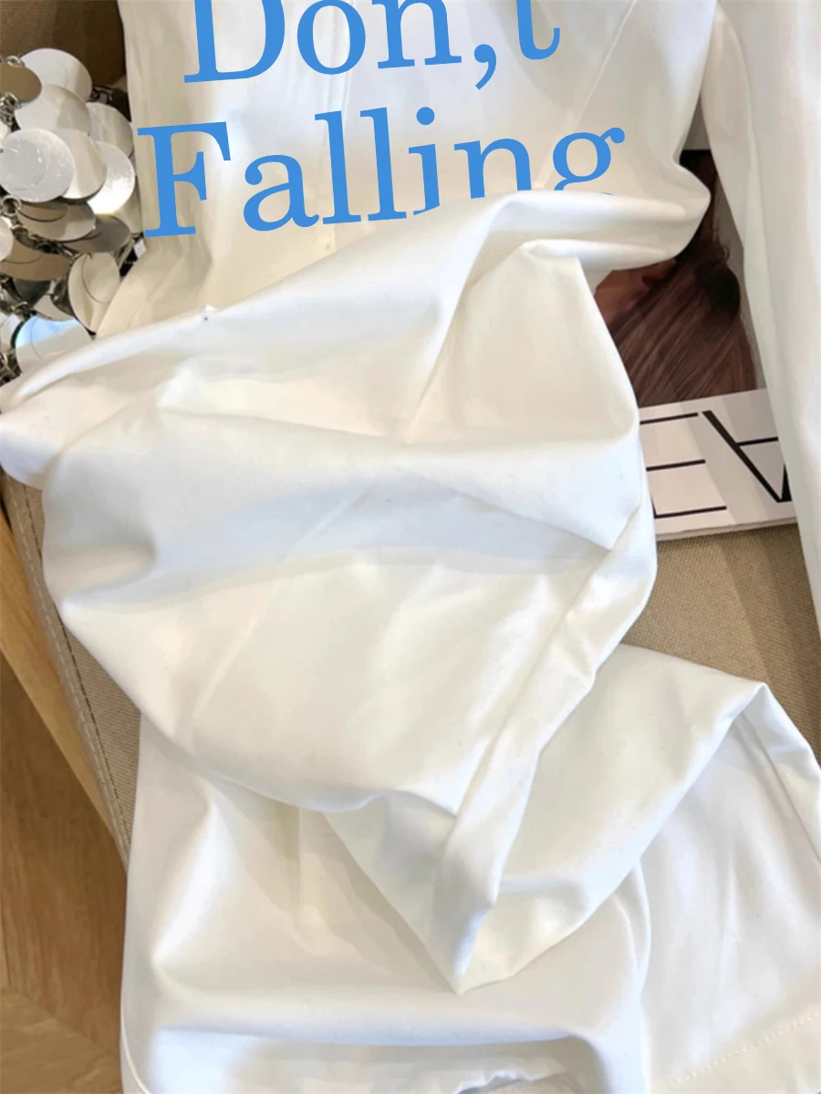 트렌디한 화이트 레터 프린트 워크 팬츠 하이웨이스트 끈 조임 루즈핏 여름 빈티지 롱 팬츠 캐주얼 패션