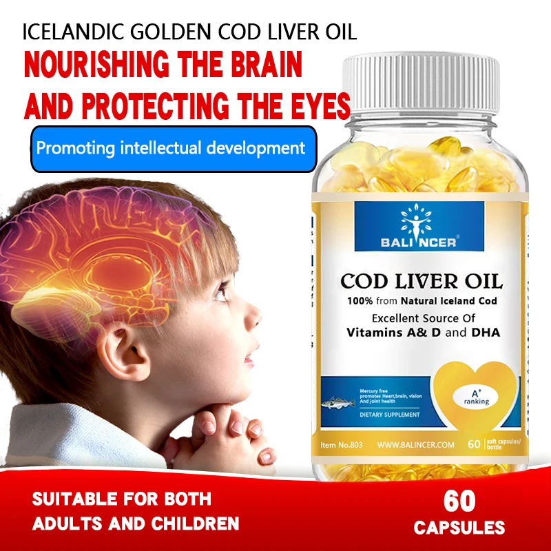 Pure Cod Liver Oil with Vitamins A, D, and DHA Supports Clear Vision, Healthy Bones, and Intellectual Development （1-10bottle）