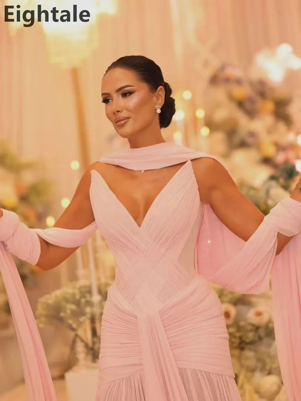 فستان سهرة طويل من الشيفون بطيات حورية البحر باللون الوردي من Eightale 2025 مع لف فستان حفلة موسيقية عربي سعودي فستان حفلة دبي مخصص #3