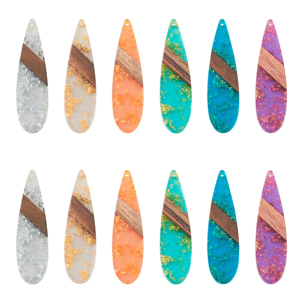 12Pcs Mixed Color Transparent Resin Walnut Wood Big Pendants Leaf Teardrop Charms for Dangle Earrings Jewelry Making