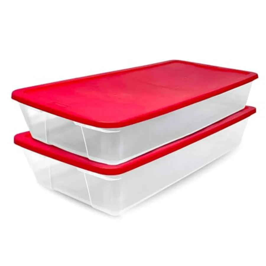 2-Pack Holiday Tote, Clear Plastic Storage Organizer Bins with Lids, 41 Quart, Red - Stackable Organizing Containers for Christ