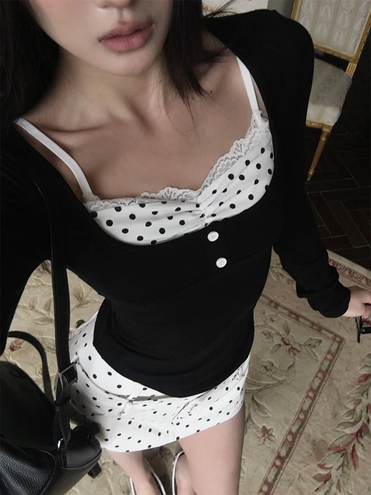 

HYTEMOLY Футболка с длинным рукавом из смесовой шерсти и лиоцелла с кружевными вставками, облегающая, для повседневной носки, весенний сезон, Ciwalk