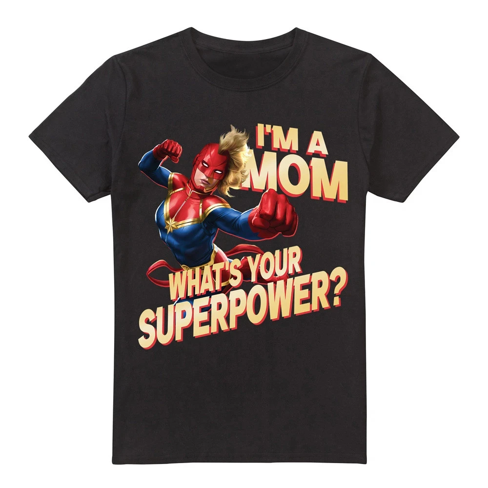 

Captain Marvel Mother's Day Mom Superpower T-Shirt Black Summer Men's and Women's Loose and Breathable T-shirt