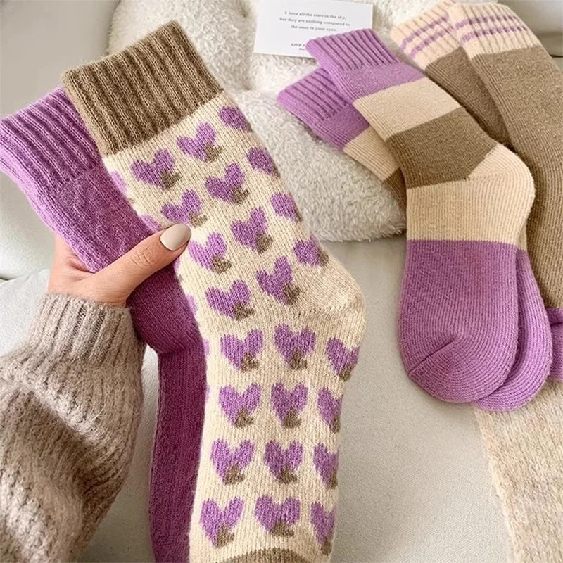 

4pcs Women Versatile Purple Heart Pattern Patchwork Socks Comfortable Casual Warm Autumn Winter Indoor Floor Sock Soft Sox Носки