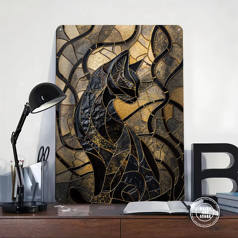 Kintsugi Black Cat Tinplate Posters Customizable Wall Art Retro Vintage Metal Signs for Home Room Office Decoration Gaming Cozy