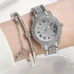 2pcs Women's Fashion Trend Star Digital Roman Full Diamond Steel Band Quartz Watch Luxury Luxury Love Rhinestone Bracelet Set