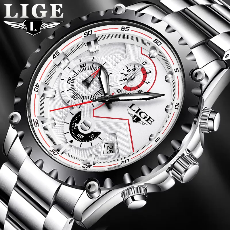 

LIGE модные мужские часы лучший люксовый бренд серебряные нержавеющая сталь 30 м водонепроницаемые кварцевые часы для мужчин армейский военный хронограф