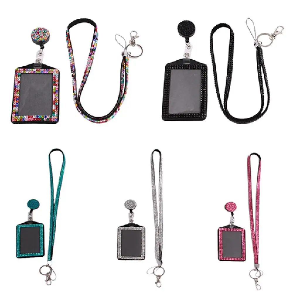 

Metal Buckle Work Card Holder Rhinestone Neck Bling Lanyard Retractable ID Badge Reel Phone Key Holder