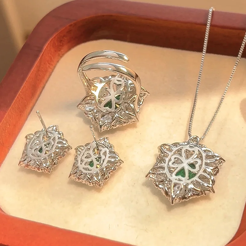 Jewelry Set Decorative Earrings Necklace Ring Emerald Green High-end Versatile Women's Hair Accessories