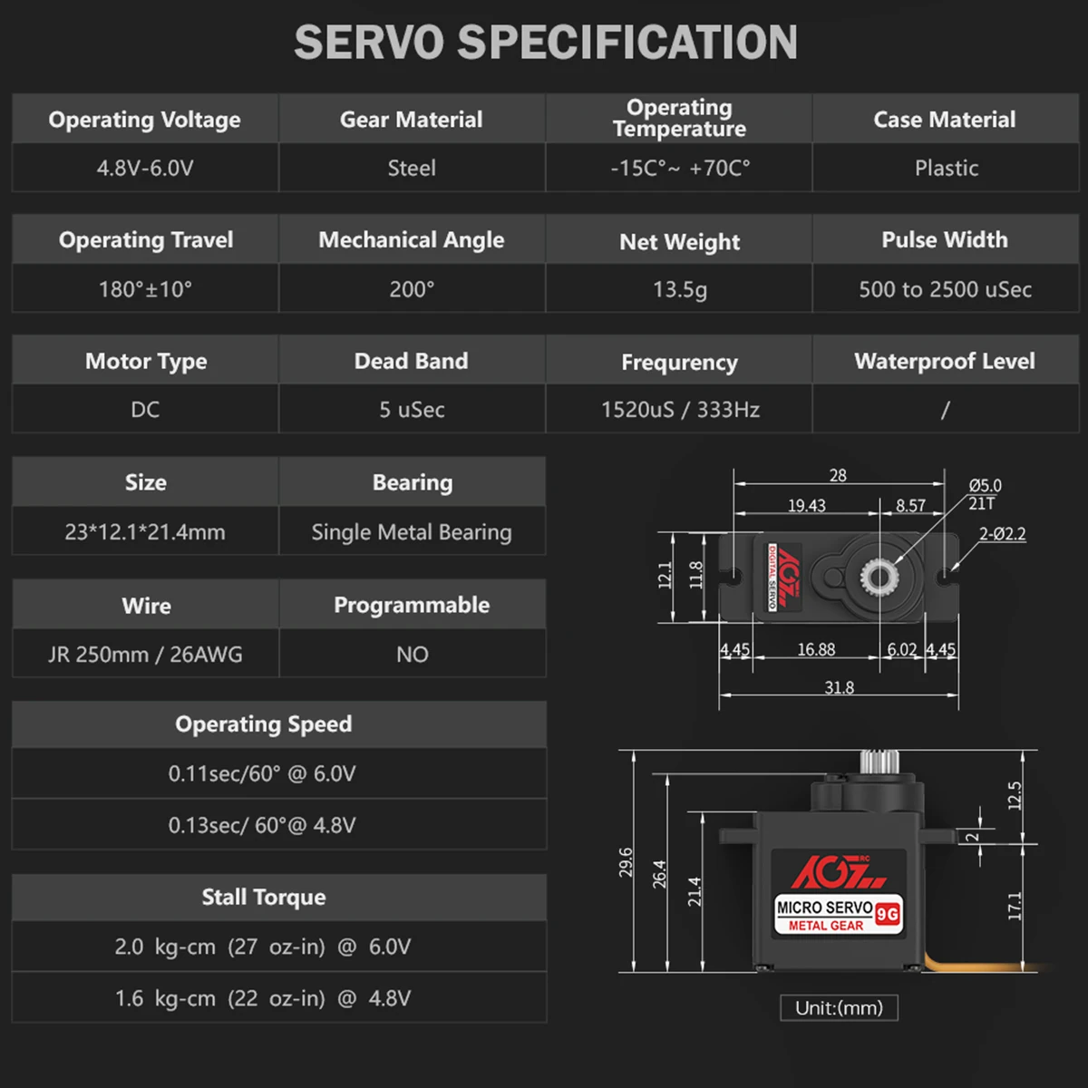 AGFRC B9DLS 180 Degree Metal Gears 9g 2KG High Torque Digital Micro Servo for Small Size Airplane Helicopter Fixed Wing Aircraft