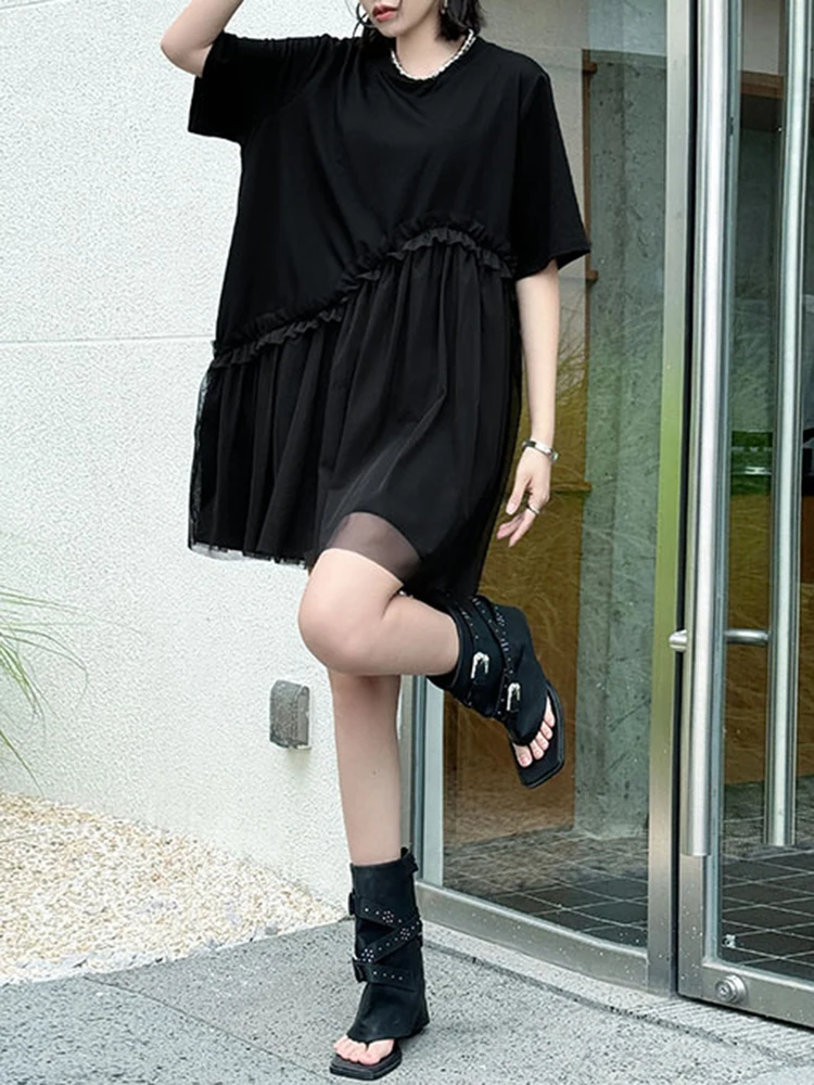 YERMORA 여성 그레이 불규칙한 스플 라이스 메쉬 캐주얼 티셔츠 드레스 라운드 넥 반팔 루즈 패션 조수 봄 여름 2025