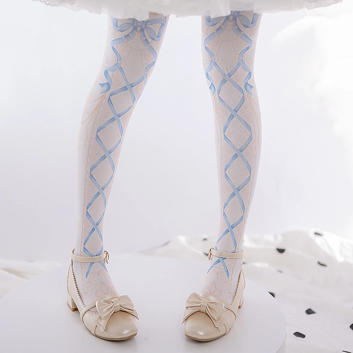 Japanese Sweetheart Girl Lolita Socks Women's Spring Summer Velvet Bow Ribbon Print Pantyhose Lolita Sweet Lo Socks for Women