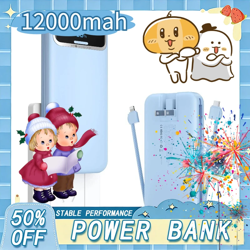

AC Plug Power Bank 12000mAh with Built-in Cables, Ultra Thin 20W Fast Charging for iPhone, Samsung, Tablet and More