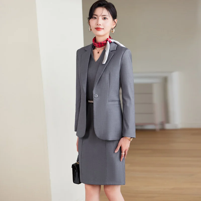 Blazers formales de tela de alta calidad para mujer, ropa de trabajo de oficina de negocios con Blazers y vestido, conjunto de trajes de estilo profesional OL