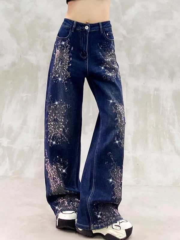 

Spring 2026 Blue Denim High Waist Wide Leg Straight Cut Heavy Rhinestone Design Women's Loose Fit Slimming Jeans Casual Sle