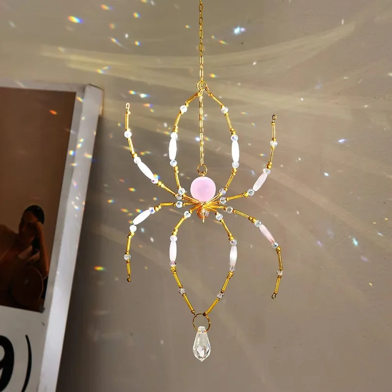 1 Piece of Handmade Beaded Spider Sun Catcher, Pink Crystal Spider, Can Be Hung on Windows, Gardens