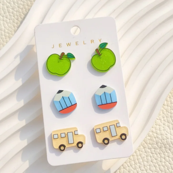 3 Pairs / Set Green Glitter Apple Pencil School Bus Acrylic Back to School Earrings Teacher Gifts Jewelry