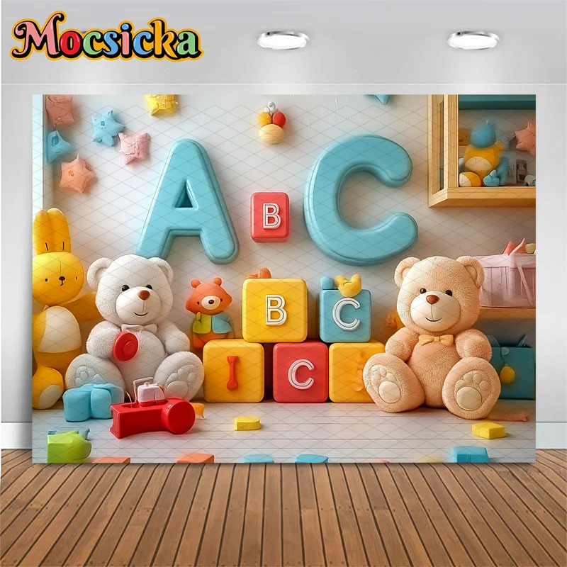 Mocsicka 베이비 샤워 사진 배경 학교 파티 어린이 학생 사진 배경 곰 편지 장식 배너