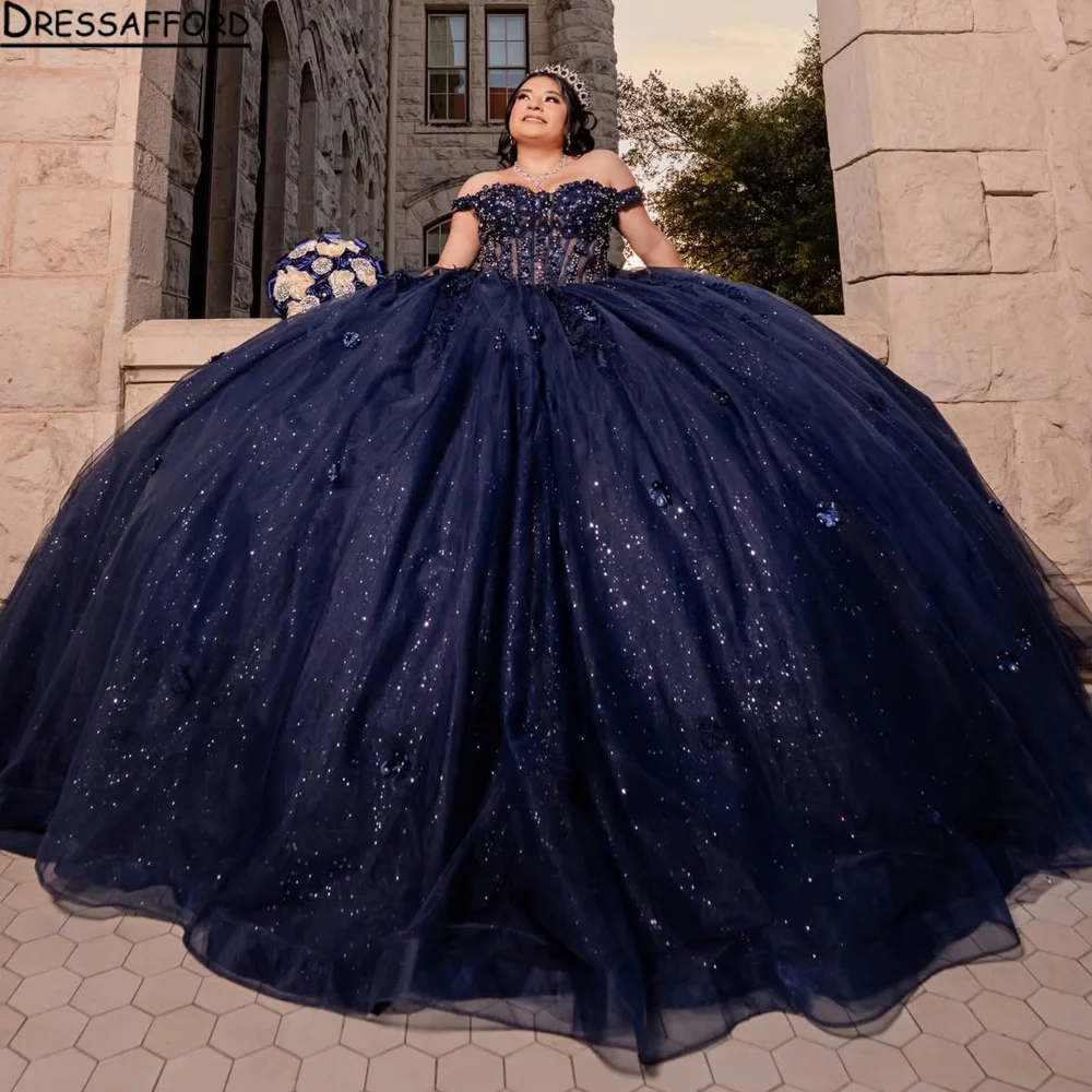 

Роскошное темно-синее платье для квинсеаньеры, кружевное, блестящее, в стиле принцессы, для дня рождения, бальное платье для 15-летия