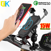 HKGK Mobile Phone Holder Motorcycle Wireless Charging with QC3.0 USB Qi Charger GPS Navigation Mount Bracket Qi Wireless Charger