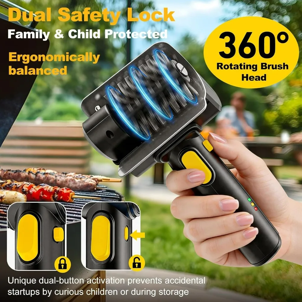 Cordless Electric BBQ Grill Brush, Rechargeable Grill Scrubber,Built-in LED Lamp,Dual Safety Lock,304 Stainless Steel Brush Head