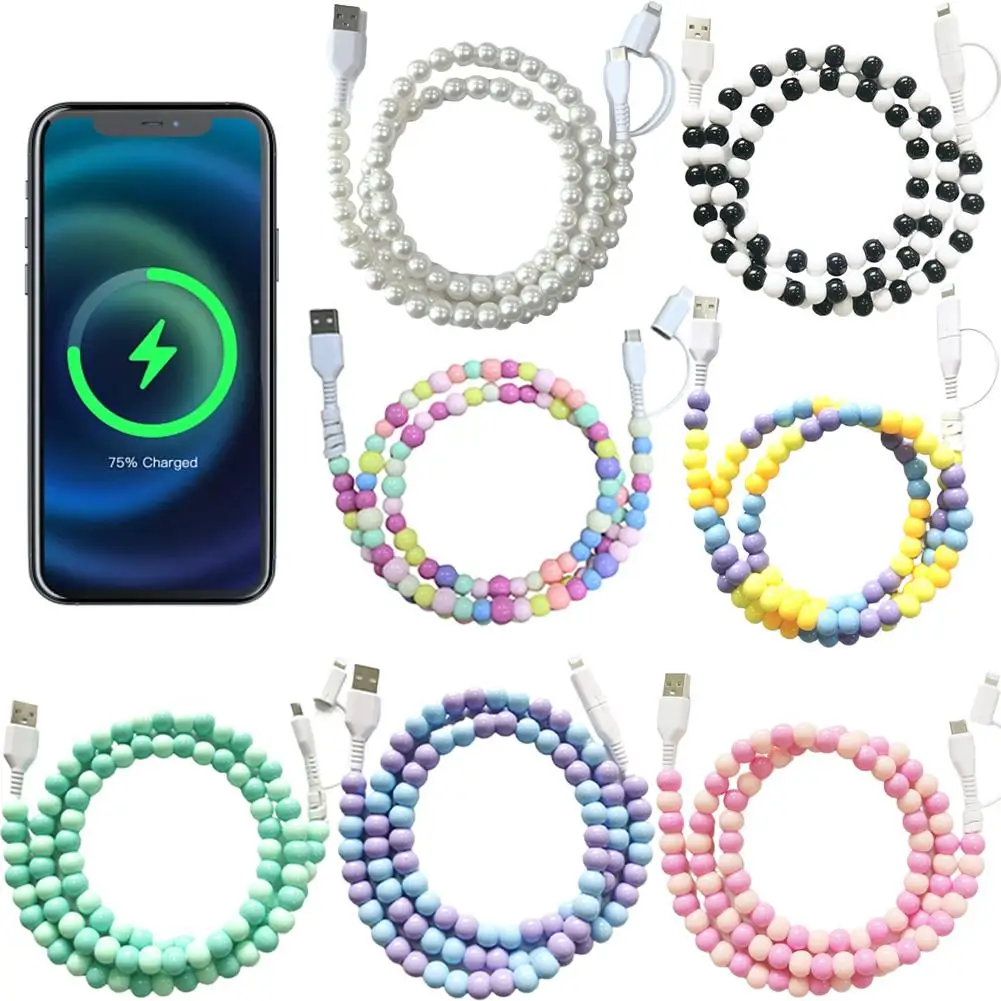 Charging Cable 2-in-1 Pearl Beaded Creative Type C Fashionable Fast Charging Cord Handmade Colorful For IPhone15/Plus/ProMax/iPa