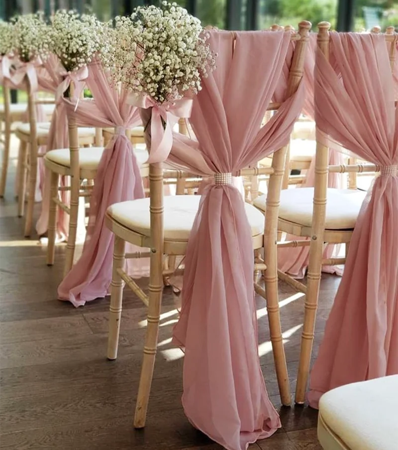 2Pcs 30x270cm Chiffon Wedding Chair Sashes Setting Gauze Sheer Vintage Birthday Party Festival Wedding  Aisle Chair Decor
