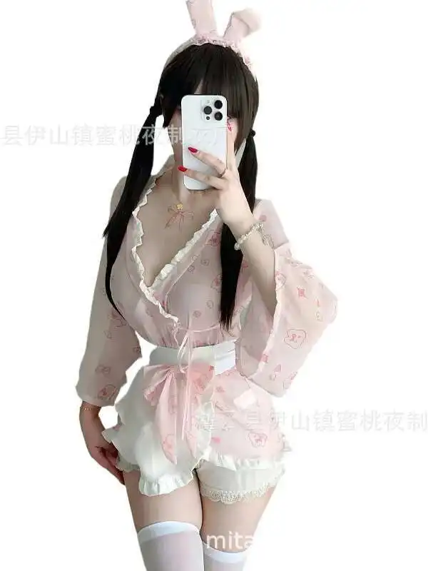 Abito sexy con stampa coniglietto Kimono Tentazione Abito sexy a maniche lunghe slim fit con fiocco Dolce carino Puro desiderio Affascinante ed elegante MDJL
