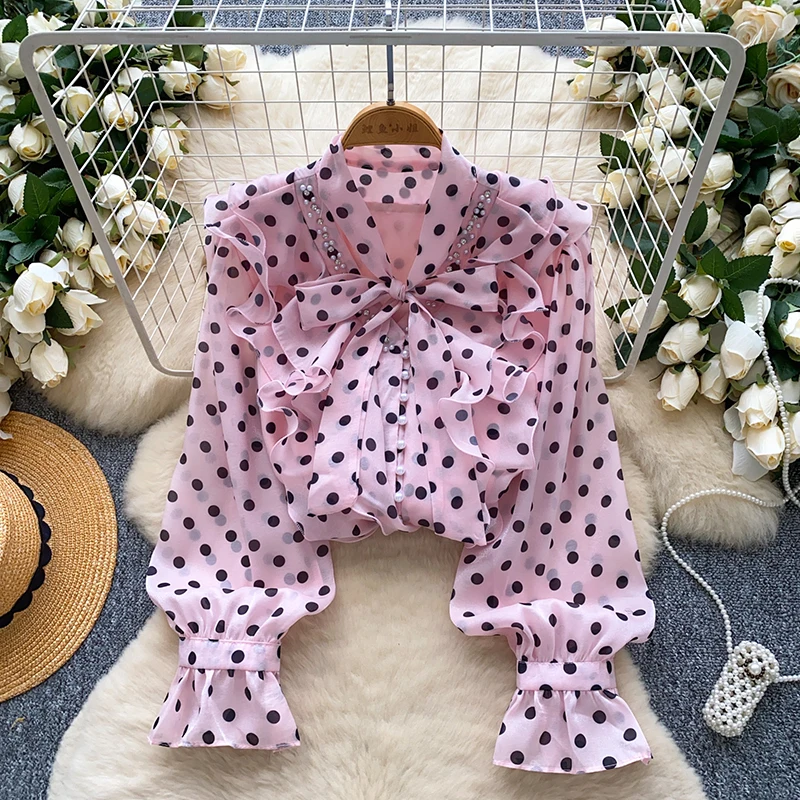 

French Polka Dot Chiffon Long Sleeved Shirt Women Fashionable Court Style Nail Bead Butterfly Bow Ruffle Edge Blouse Top W66