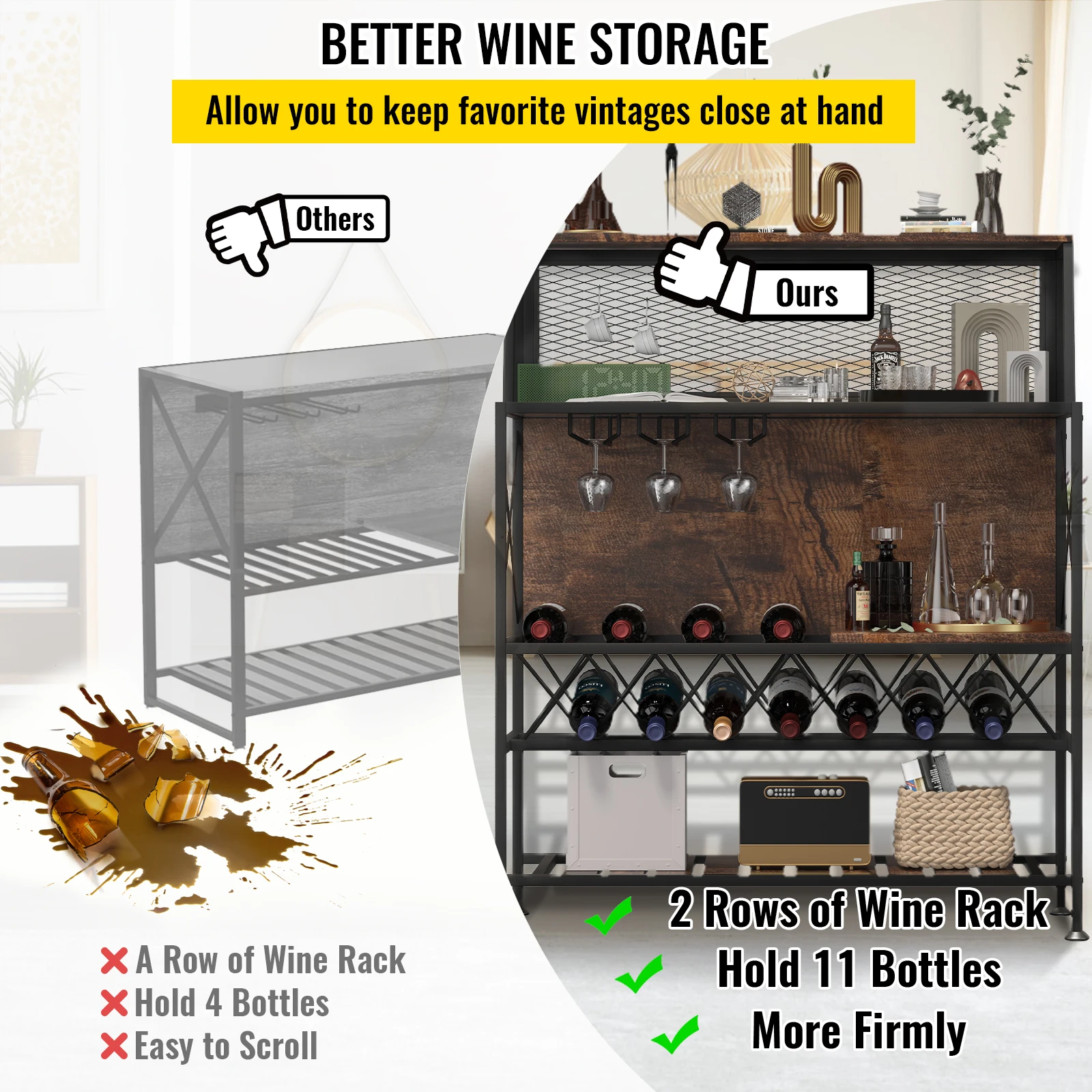 VEVOR Wine Rack Home Bar Table armadi per liquori industriali di grande capacità con supporto in vetro per la sala da pranzo della cucina di casa