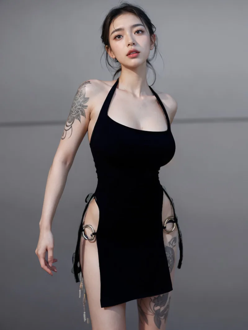 2024 Summer New Solid Color Backless Hollow Hanging Neck Sexy Spicy Girl Tight Dress Elegant Black Sweet Fashion Women KP7Y