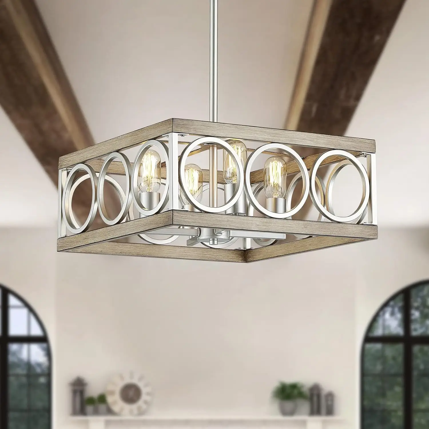 Xingqi Modern Chandelier Square 4-Light, Farmhouse Pendant Lighting Fixture For Dining Room Living Room Bedroom Kitchen