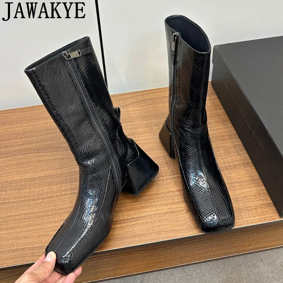 Glitter Square Toe Chunky Heel Punk Boots Women Real Leather Side Zipper Slip-On Ankle Boots Winter Runway Fashion Week Boots