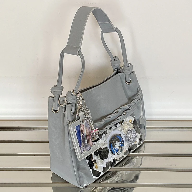 Musical Note Embroidered Tote Bag Transparent Window Badge Doll Display Ita Bag Large Capacity Commute Shoulder/crossbody Bag