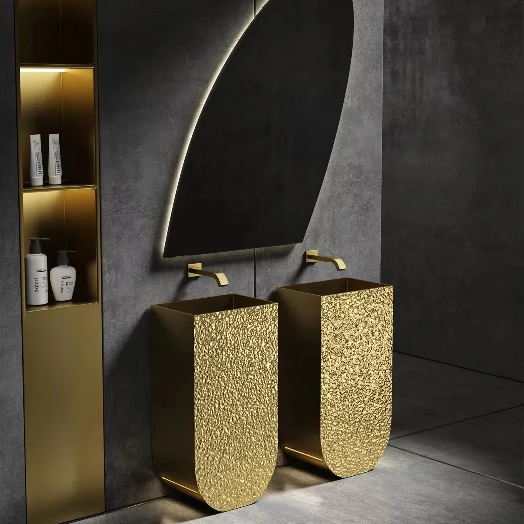 Luxury hotel gold bump rock pattern stainless steel sanitary ware freestanding sink set bathroom wash basin