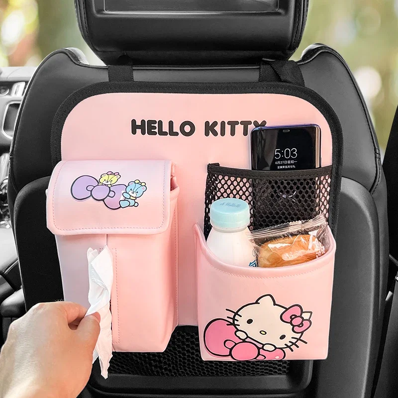 Kawaii Hello Kitty Car Seat Back Organizer Anime Multi-Pocket Bottle Holder Tissue Storage Bag Auto Interior Accessories Gifts