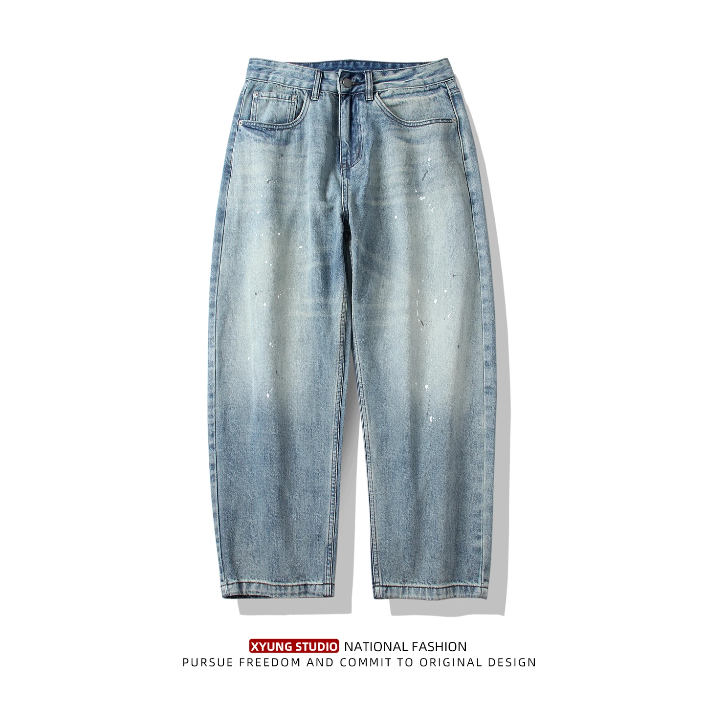 

Мужские джинсы в стиле ретро с эффектом калейдоскопа, свободные прямые широкие брюки, повседневные классические синие джинсовые брюки свободного кроя