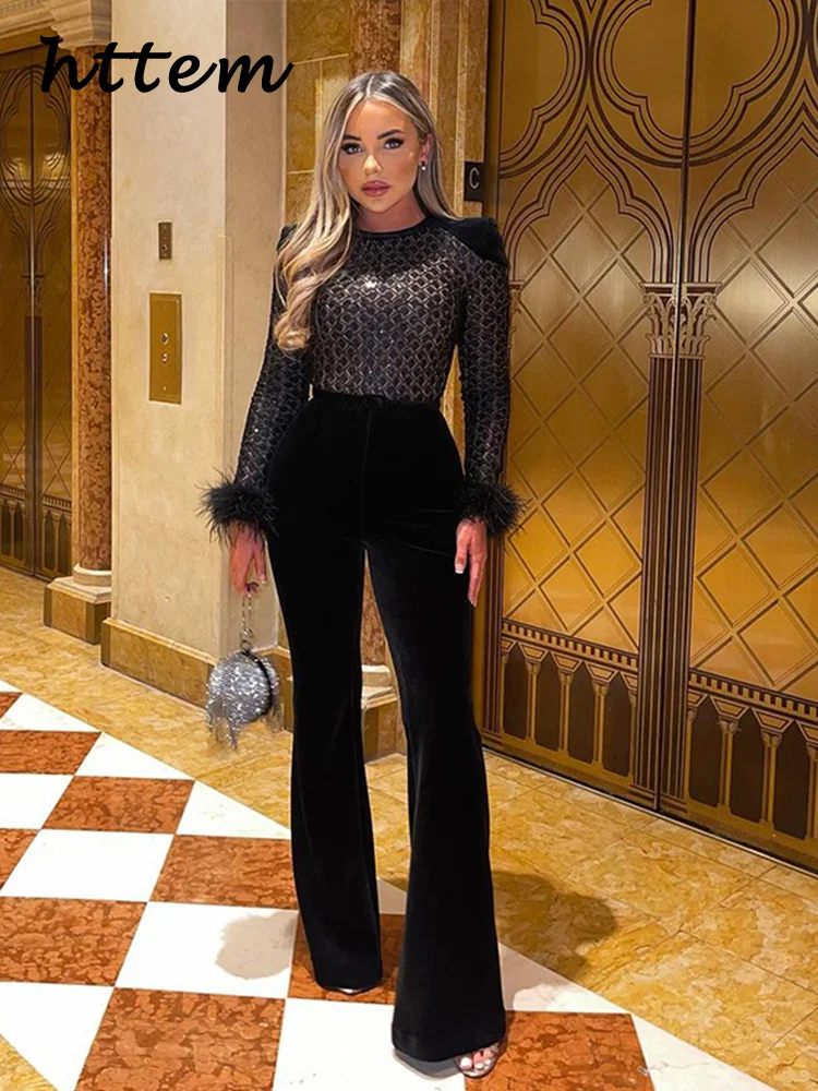 Elegant Velvet Feather Decor Jumpsuits Women Slim Shoulder Pads Long Sleeve Belt High Waist Jumpsuit 2024 Lady Chic Party Romper