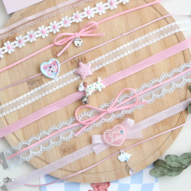 Pink Choker Necklace for Women Star Flower Heart Dog Bow Wave Cloud Design Sexy Clavicle Jewelry Accessory Girl's Gift