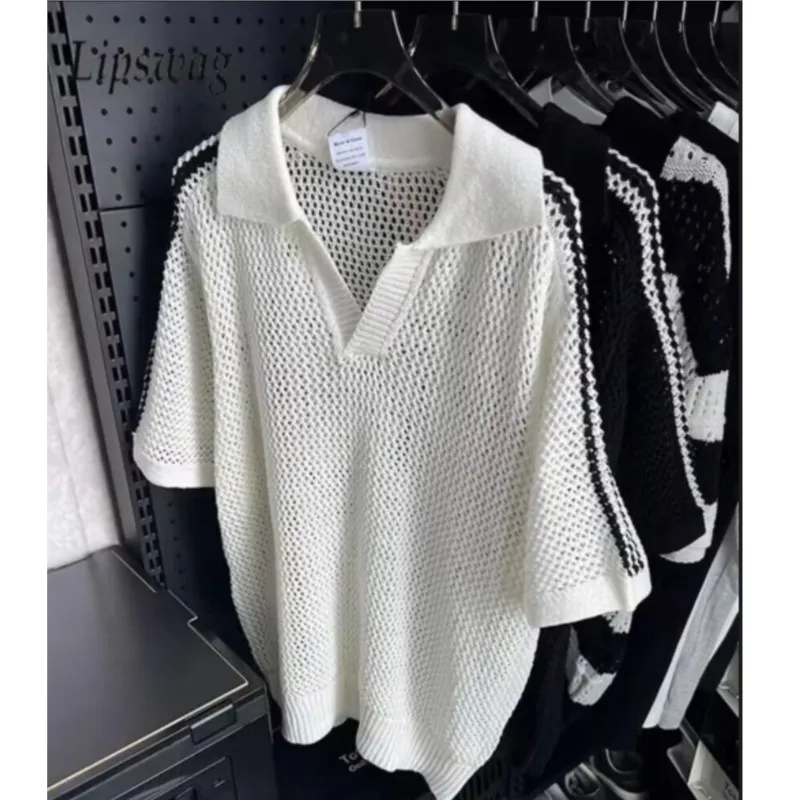 

Summer Vintage Hollow Out Knitted Polo Shirt Mens Fashion Striped Short Sleeve V-neck Mesh Tops Couple Casual Knitting Jumper