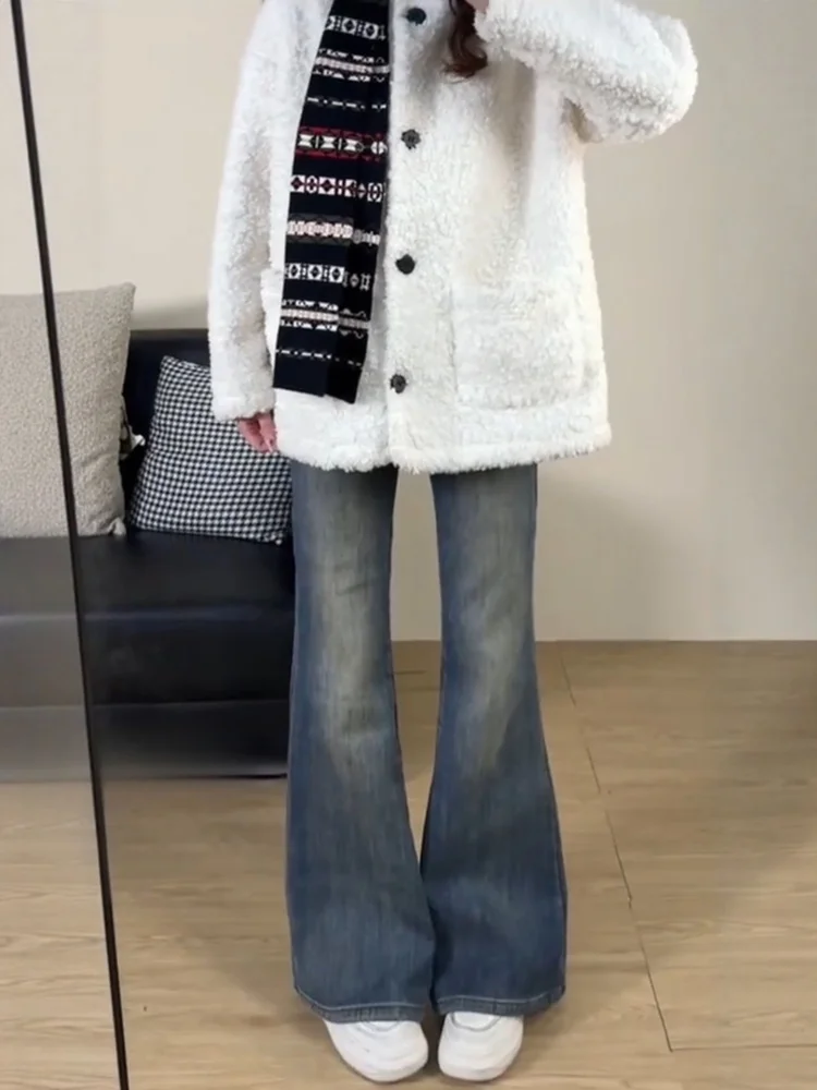 Jeans da donna retrò americani blu foderati in Fce invernali taglie forti pantaloni svasati dimagranti chiusura con cerniera a vita alta