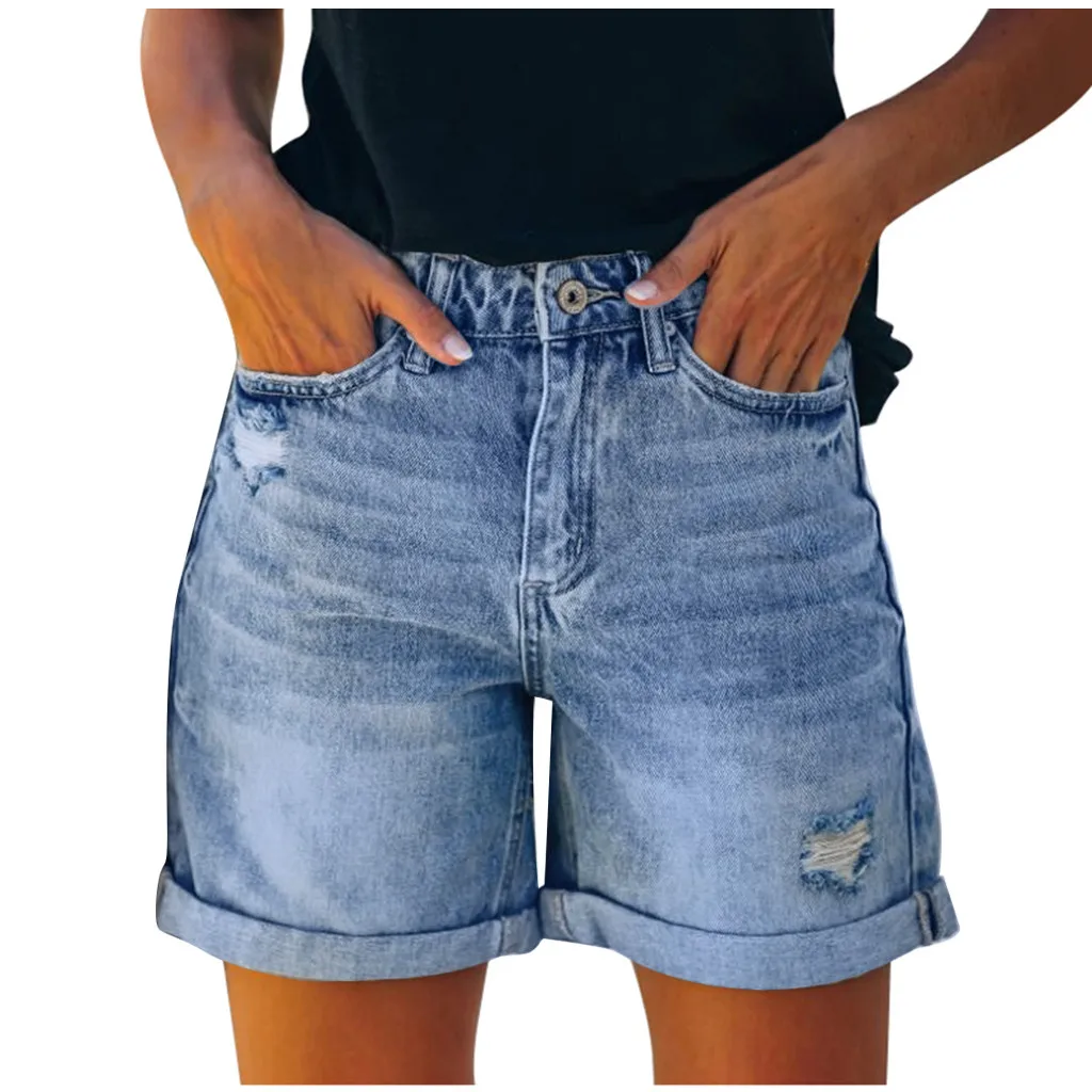 

Casual Denim Shorts Pocket Women Jeans Hems Bottom Hole Shorts Sexy Pants Female Fashion Pants Short Trousers Comfy Relaxed