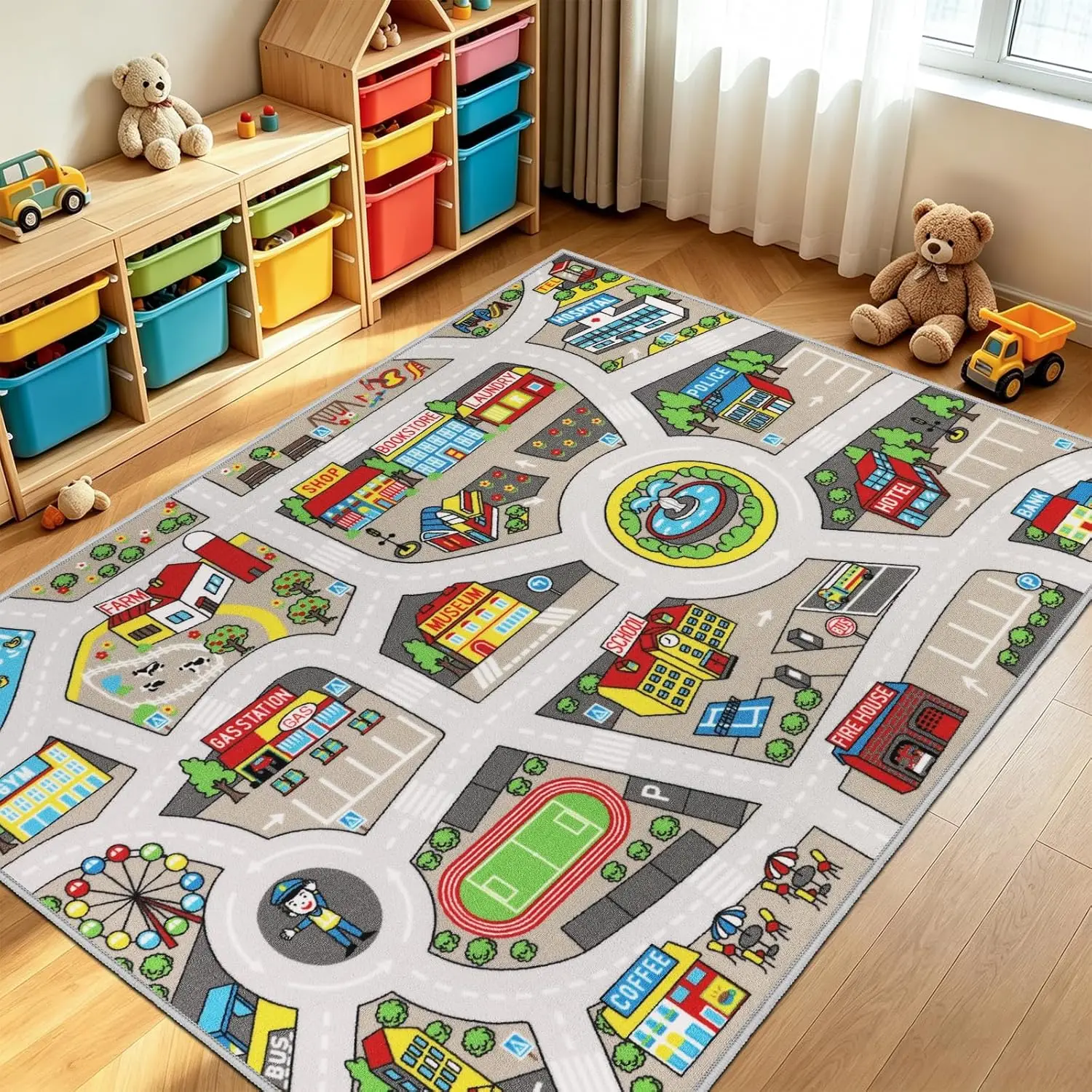 Washable Tan City Life Playmat, Car Traffic Road Learning Rug, Kids Educational Carpet for Playroom Bedroom Classroom