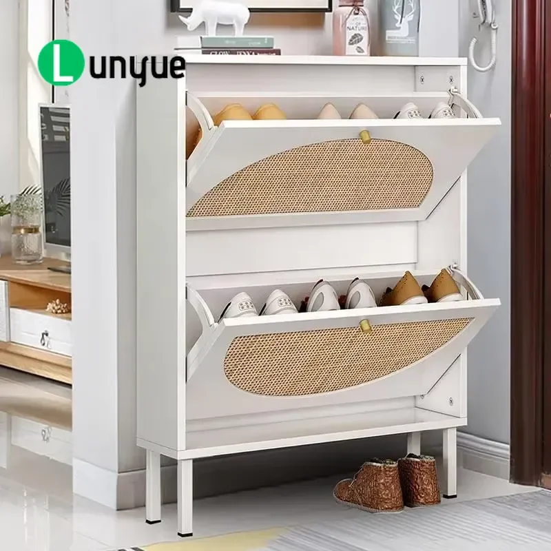 Luxury Ultra Thin Shoe Cabinet with Rattan Door Intelligent Disinfection Large Capacity Drawer Storage for Entryway Hallway
