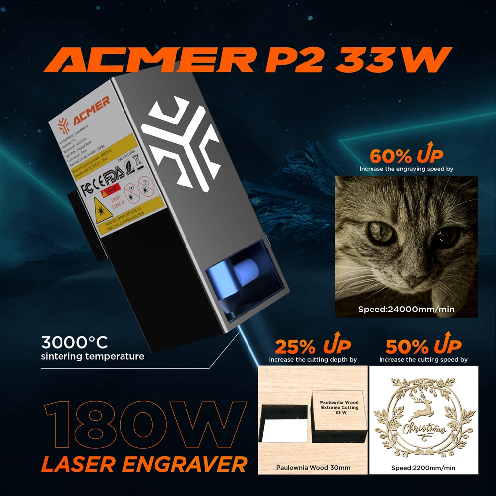 ACMER P2 33W Laser Engraver 180W Electrical Power APP Laser Cutting Machine For Wood Panel Acrylic Woodworking Engraving Machine