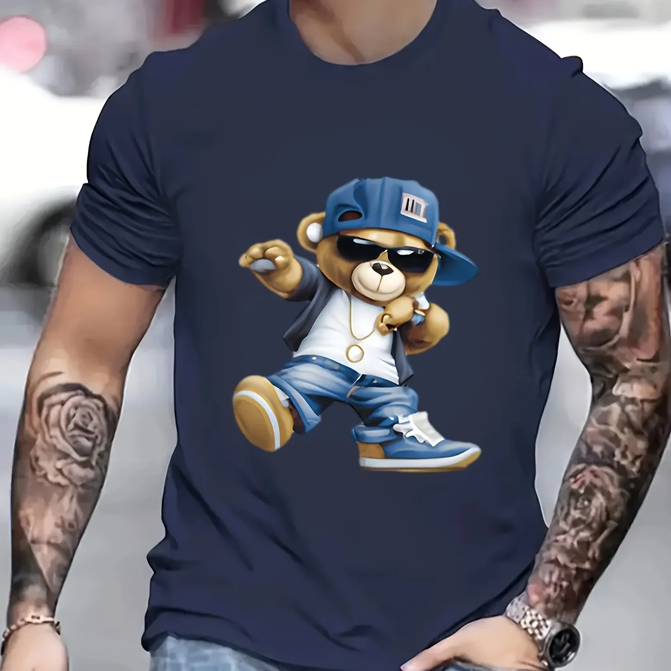 Men's Summer Fashion Casual Sports Loose Large Cartoon Cool Bear Pattern Printed Round Neck Short Sleeve Oversized T-shirt tops - Image 2