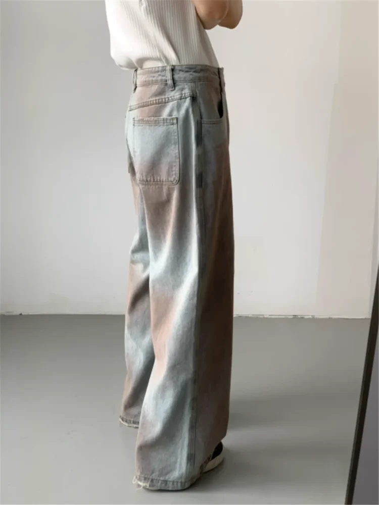 2023 Korean version of niche design dirty jeans men retro wash American tie-dye high waist straight leg wide-leg pants