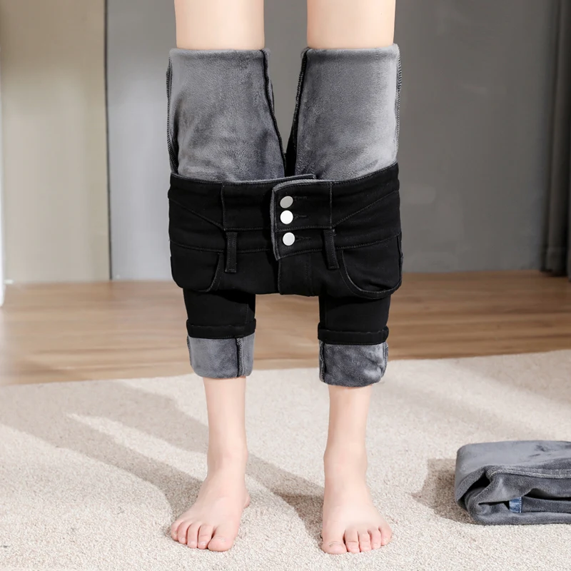 High-waisted Fleece Jeans for Women Winter New Velvet Slim Elastic Thickened Small Feet Plush Pencil Denim Trousers
