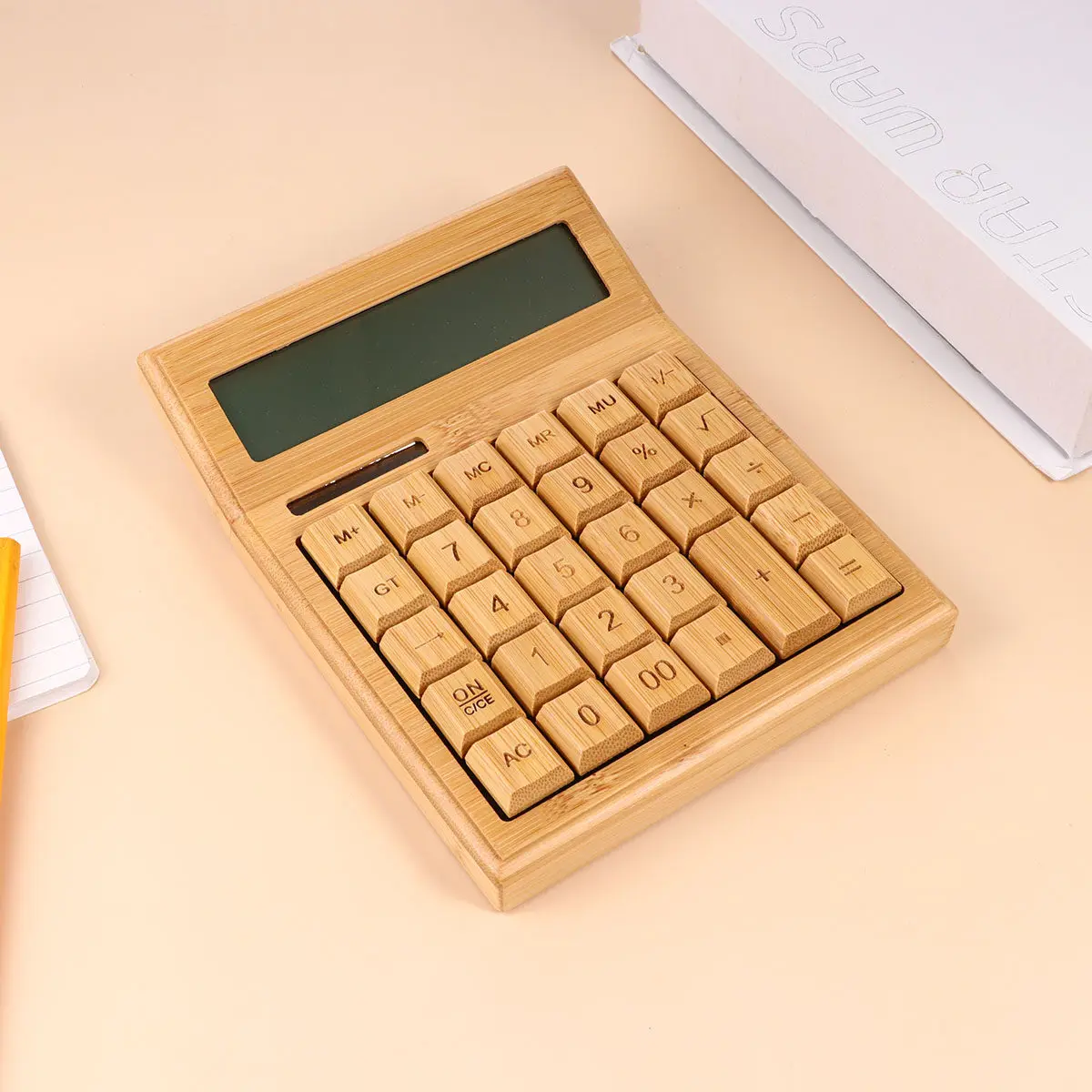 Sustainable Bamboo Solar Calculator Portable Electronic Calculator for Home Office School Daily Life Compact Lightweight